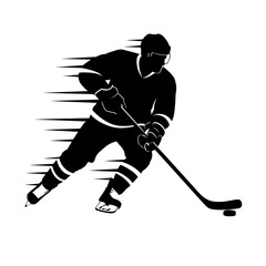 Dynamic Ice Hockey Player Silhouette in Motion – Black and White Vector Illustration