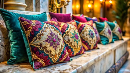 Chic Velvet Throw Pillows with Subtle Embroidery on Marble Background - Tilt-Shift Photography