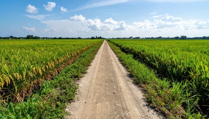 Scenic Path Through Lush Green Rice Field Under Clear Blue Sky