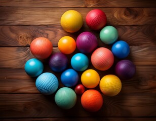 Naklejka premium colorful balls on wooden background vibrant and playful