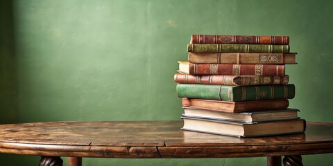 A Stack of Antique Books Resting on a Rustic Wooden Table Against a Lush Green Wall