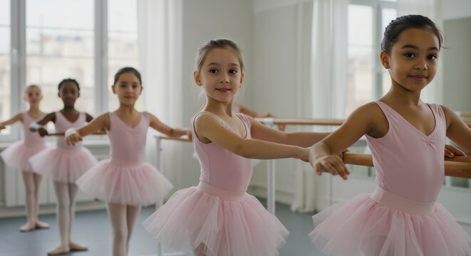 Diverse Group of Young Ballet Dancers in Pink Tutus Practicing at the Barre in a Bright Dance Studio