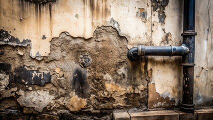 A weathered wall with peeling plaster reveals the rough texture beneath, a stark contrast to the smooth, dark metal pipe that extends horizontally from the vertical drain