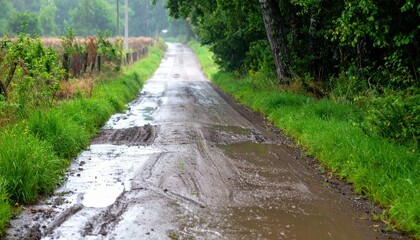 Fototapeta premium Scenic Rural Road with Muddy Puddles After Rain in Green Landscape