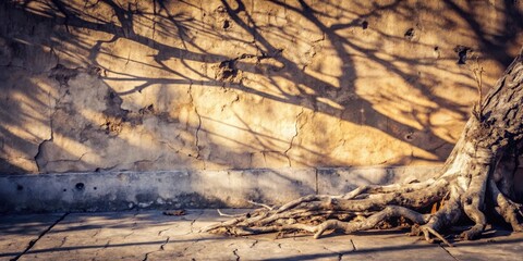 An Old Tree's Roots Reach Out From Under a Crackled Wall, Bathed in Golden Sunlight