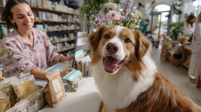 Happy dog with brown and white fur is sitting at a pet-friendly store counter while a smiling woman interacts with customers, showcasing a warm and inviting atmosphere. pet shop