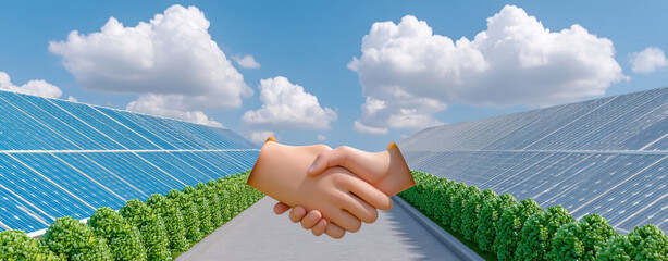 Handshake over road with solar panels on both sides and cloudy blue sky in background