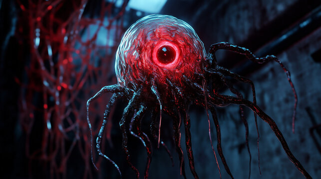 Glowing red-eyed alien creature with tentacles floating in a dark, eerie, sci-fi environment