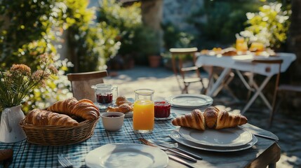 A delightful outdoor breakfast featuring fresh croissants, orange juice, and jam on a checkered table.