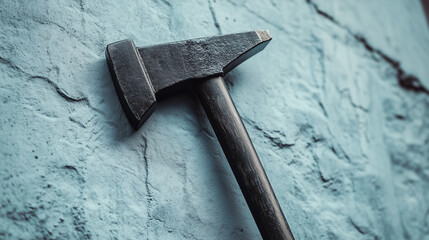 Close-up of a black sledgehammer leaning against a rough blue textured wall, symbolizing strength and construction.