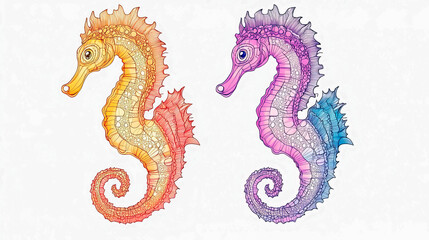 Fototapeta premium Two drawn multi-colored seahorses on a white background. Ai art