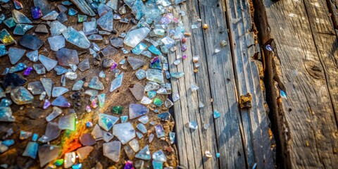 A close-up view of iridescent glass shards scattered across weathered wood, catching the light with a mesmerizing shimmer