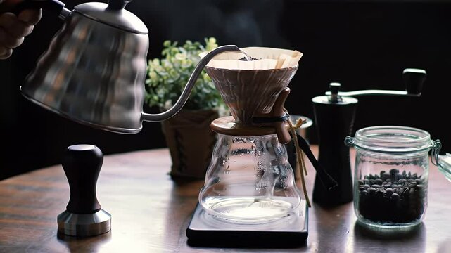 A cozy coffee brewing setup with pour-over dripper