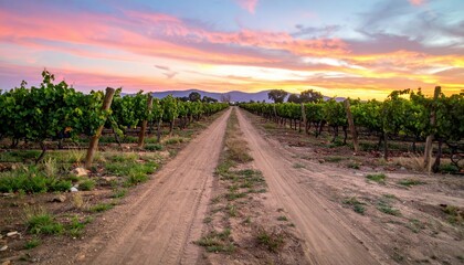 Fototapeta premium Scenic Vineyard Pathway Beneath Colorful Sunset Sky