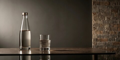 A glass of water and a bottle of water on a wooden table in front of a stone wall