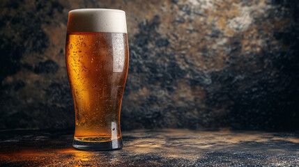Cold pint of amber beer with frothy head on rustic surface, moody lighting and dark background enhance the beverage's appeal.