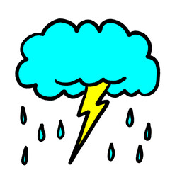 cartoon illustration of clouds and lightning striking during rain