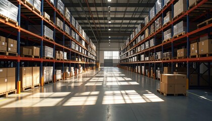 Modern Warehouse Interior with Shelves Full of Cardboard Boxes