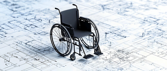 Modern Black Wheelchair On Blueprint Design