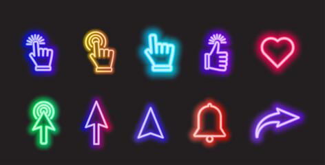 Social icon neon. Colored neon buttons. Like, share, subscribe, arrow. Vector illustration