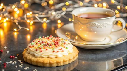 A Festive Treat A Close-up of a Sprinkled Cookie and Tea with Warm Lights in the Background