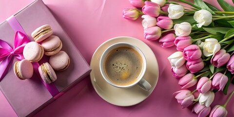 A delicate pink and white still life featuring pink tulips, macarons, a gift box, and a cup of coffee