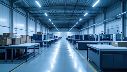 Spacious Warehouse Interior with Industrial Equipment and Lighting