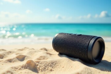 Portable Bluetooth speaker on a sunny beach, sand, ocean in the background , colorful, summer, minimalist