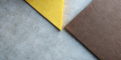 Abstract Minimalist Geometric Design with a Yellow Triangle, Brown Square, and Textured Gray Background