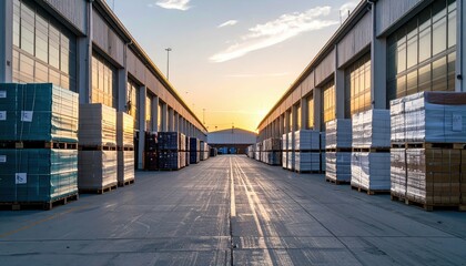Obraz premium Warehouse Storage with Wooden Pallets Under Sunset Light in Evening