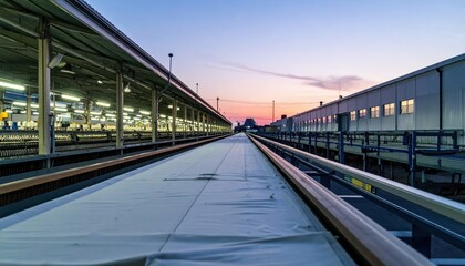 Fototapeta premium Industrial Warehouse at Dusk with Conveyor Belt and Lighting Effects