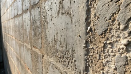 A textured, close-up shot of an unfinished, grey cinder block wall with rough mortar and a diagonal perspective.