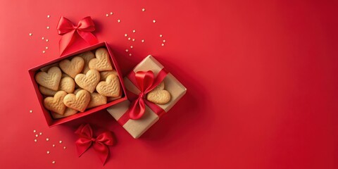 Heart-Shaped Cookies in a Red Box with a Gold Star Sprinkled Background and a Brown Gift Box Decorated with a Red Ribbon Bow