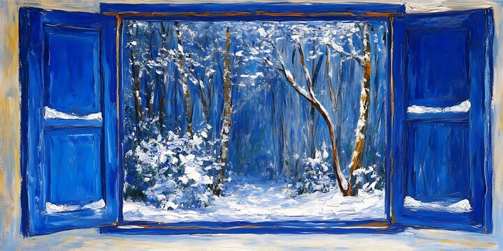 Fototapeta Winter forest view from blue window