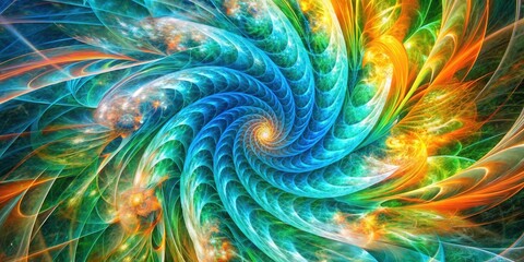 A swirling symphony of color and light, with vibrant hues of blue, green, and orange creating a mesmerizing fractal pattern.