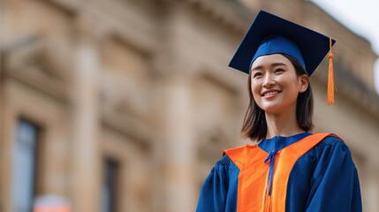 Happy Asian woman in blue and orange graduation gown posing for photo in front of university building, celebrating academic achievement and graduation joy.