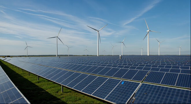 Renewable energy landscape featuring solar panels and wind turbines under clear blue sky - Powered by Adobe