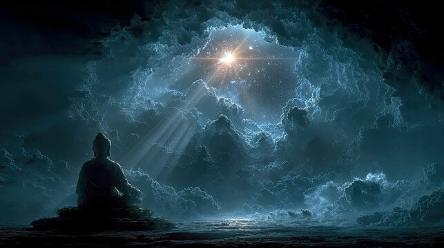 Artistic depiction of inner self merging with cosmic elements serene environment spiritual focus