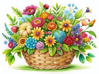 Obraz premium Colorful Plant Basket Illustration: Vibrant Spring Flowers in Woven Container