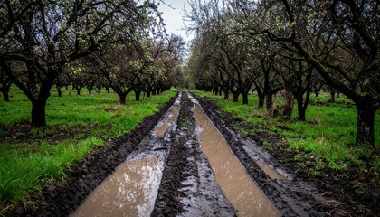 Obraz premium Muddy Dirt Path Surrounded by Blooming Fruit Trees in Nature Scene