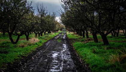 Fototapeta premium Rural Path Through Orchard Under Cloudy Sky with Muddy Ground