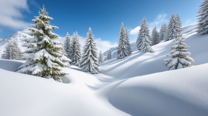 Obraz premium Serene snowy landscape with majestic trees blanketed in white snow creating a winter wonderland scene