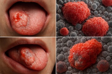 Tongue displays ulcerated cancerous lesion accompanied by tumor cells in a fourpanel comparison