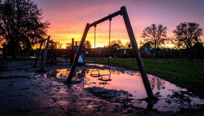Fototapeta premium Sunset Reflection in Empty Playground with Swing Set and Water