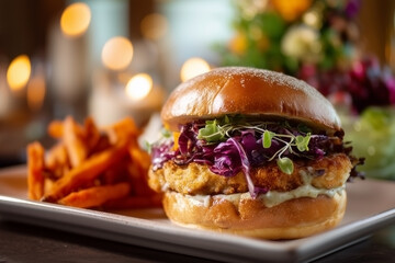 Crispy fried turkey cutlet burger with sage mayo, red cabbage slaw and microgreens, served with sweet potato fries in cozy fall dinner ambiance
