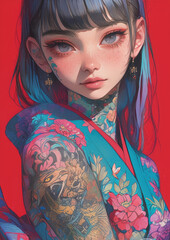 Portrait of a girl with vibrant hair, tattoos, kimono, and striking eye makeup