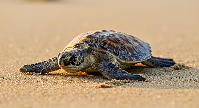 Sharp, focused shot of a sea turtle resting on a sunlit sandy beach. Perfectly clear, high-resolution detail of this coastal reptile in its natural habitat.