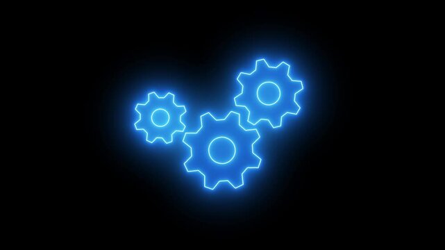 Glowing neon line setting icon with spinning gears icon animated. Neon Glowing blue Gear Icon on Dark Background Technical concept and networking concept. neon line gear and networking system.