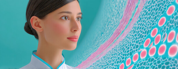 A woman with brown hair looks at a glowing, cellular structure