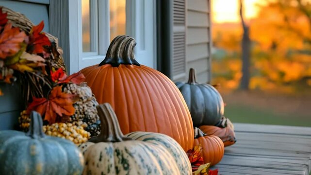 Pumpkins, gourds, and autumn leaves create a festive display on a porch